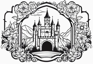 medieval tribal city gate floral  land  vignette tattoo idea