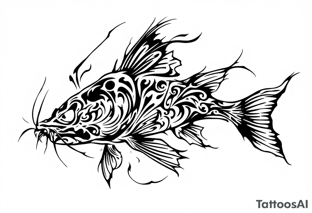 Tribal Catfish Design – A catfish rendered in bold black tribal lines, with symmetrical swirls and sharp angles representing movement and strength. tattoo idea
