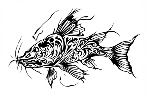 Tribal Catfish Design – A catfish rendered in bold black tribal lines, with symmetrical swirls and sharp angles representing movement and strength. tattoo idea