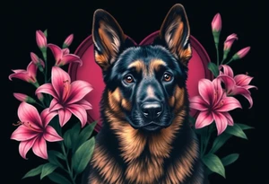 realistic german shepherd with alert ears looking protective surrounded by pink lilies with leaves in front of a sacred heart tattoo idea