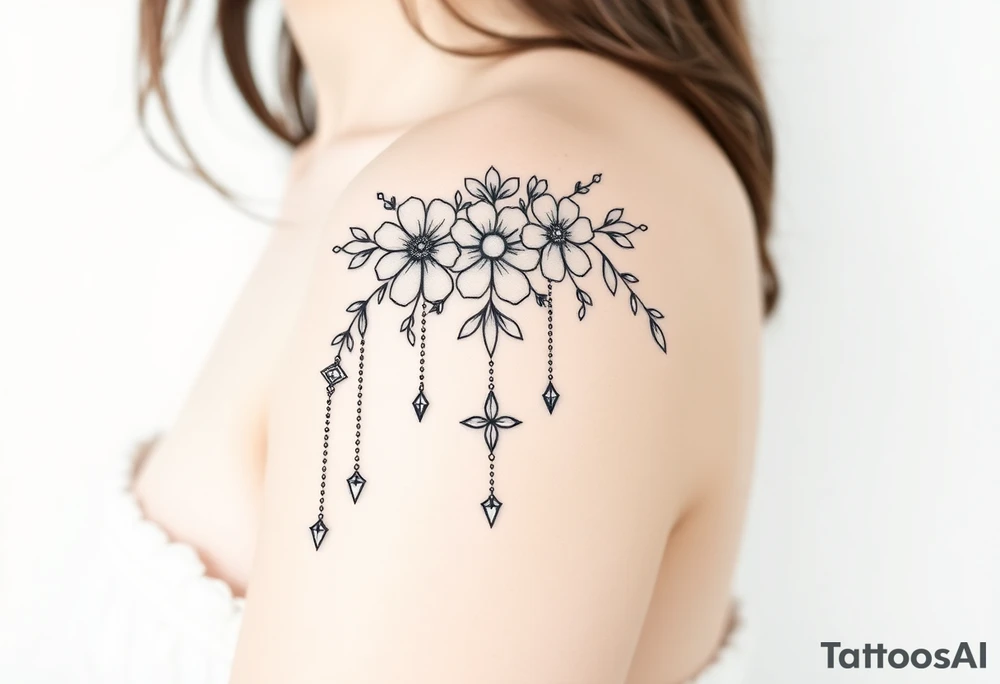 Vintage floral lace and delicate jewelry inspired with draping chains and 5 pointed crystal star charms. Make it cover the entire upper arm/shoulder please tattoo idea