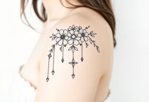 Vintage floral lace and delicate jewelry inspired with draping chains and 5 pointed crystal star charms. Make it cover the entire upper arm/shoulder please tattoo idea
