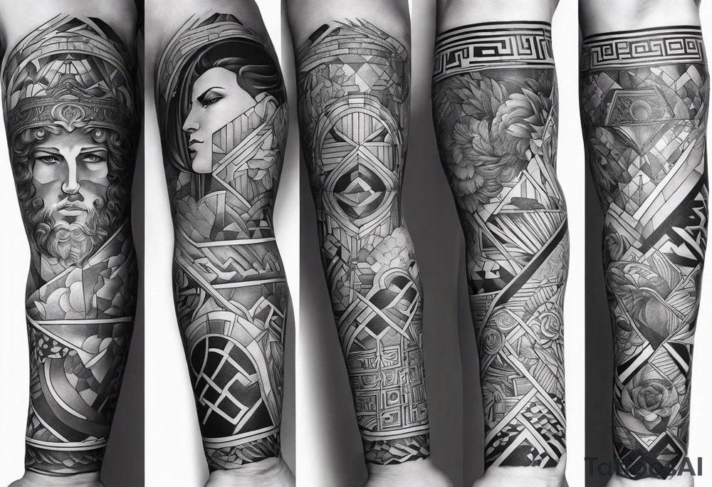 Patchwork arm sleeves of greek gods and that a geometric aesthetic tattoo idea