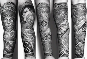 Patchwork arm sleeves of greek gods and that a geometric aesthetic tattoo idea