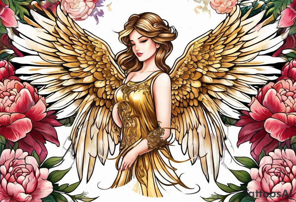 beautiful golden angel wings with colorful peonies. beautiful flilligree in the background , full color tattoo idea
