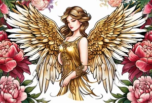 beautiful golden angel wings with colorful peonies. beautiful flilligree in the background , full color tattoo idea