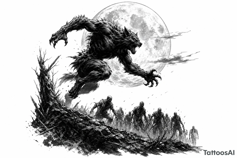 Silhouette of a werewolf leaping, full moon overhead, distant zombie horde. tattoo idea