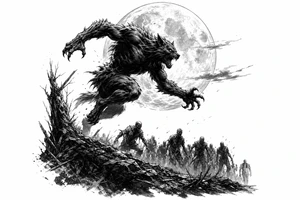 Silhouette of a werewolf leaping, full moon overhead, distant zombie horde. tattoo idea