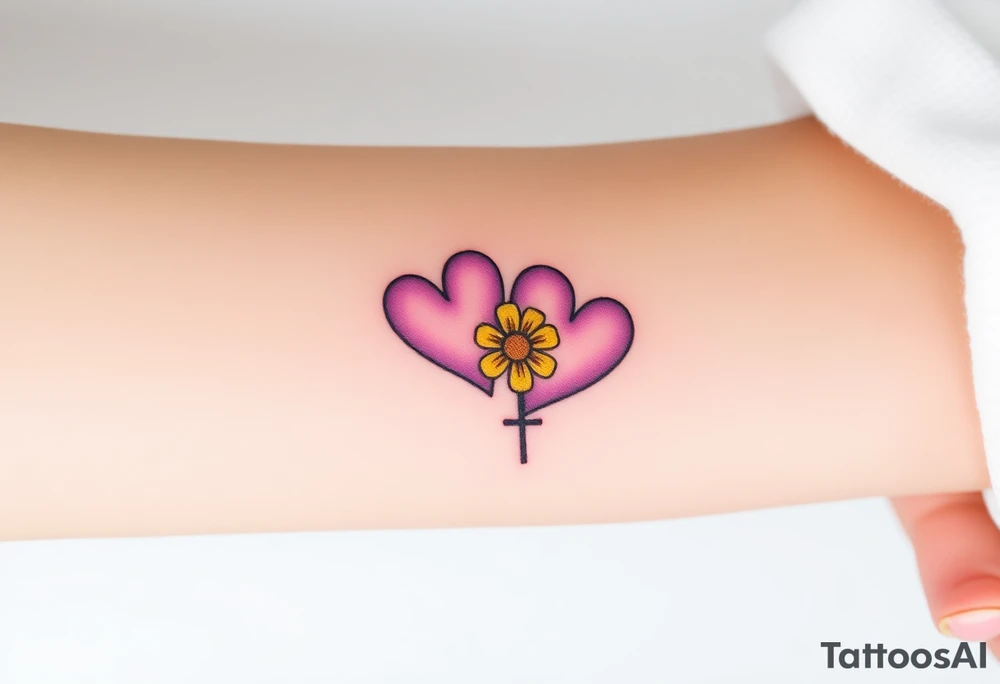 simple with Purple Hearts with yellow daisy with cross tattoo idea