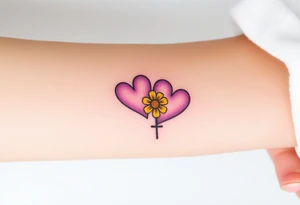 simple with Purple Hearts with yellow daisy with cross tattoo idea