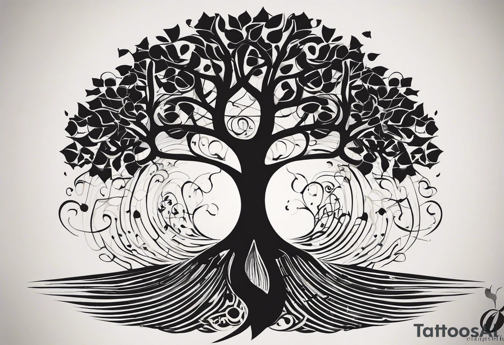A tattoo design that incorporates the following elements: an abstract tree of life that has roots emerging  from the ground. Waves of water wrap around the tree in a non symmetrical design.  Incorporate musical notes into the tree. the letters U and A are overlapping and engraved into the tree. incorporate a golf ball or golf course symbols like a flag but not prominent. tattoo idea