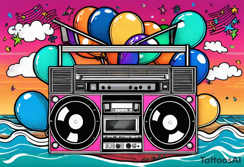 1980's style big boom box mith confetti, balloons and music notes against miami vice style beach background tattoo idea