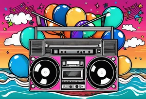 1980's style big boom box mith confetti, balloons and music notes against miami vice style beach background tattoo idea