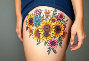 Bouquet of sunflowers, water Lillies, dahlias, marigolds, carnations, hydrangeas, daisys, and chrysanthemums tattoo idea