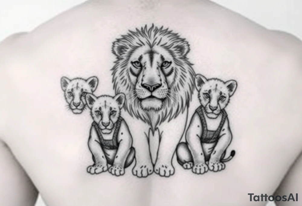 Lion on the safari with his two cubs wearing jiu jitsu gis tattoo idea