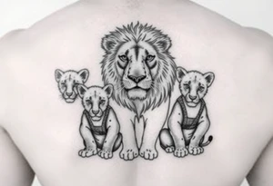 Lion on the safari with his two cubs wearing jiu jitsu gis tattoo idea