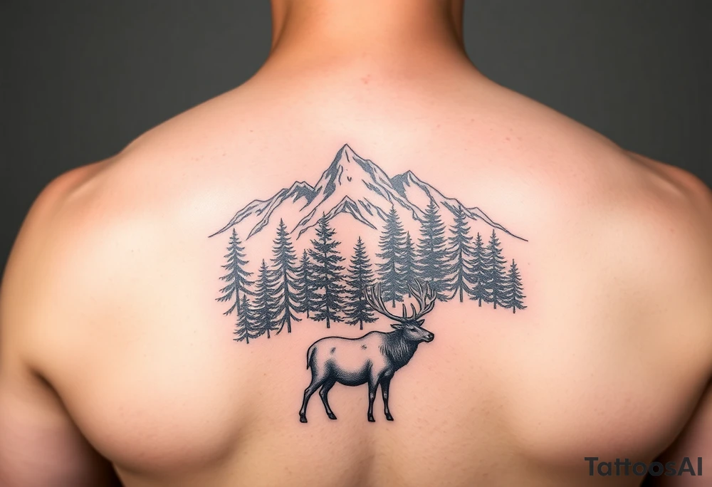 mountain scene with evergreen trees and foreground bull elk at base tattoo idea