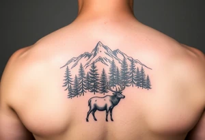 mountain scene with evergreen trees and foreground bull elk at base tattoo idea