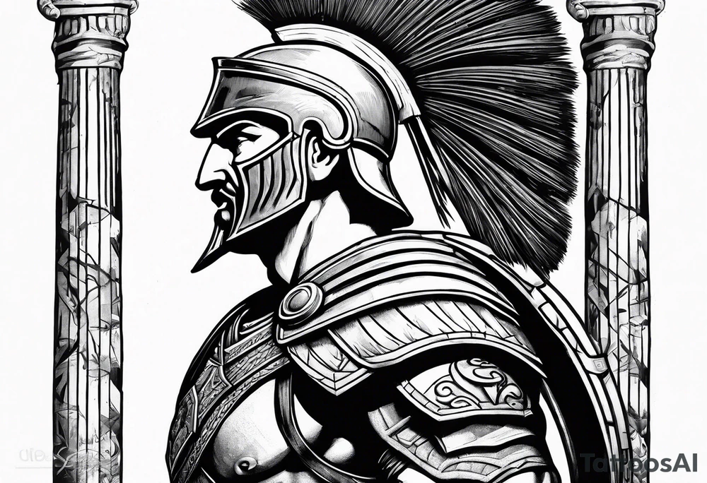 Side profile of spartan soilder with ancient pillars in background tattoo idea