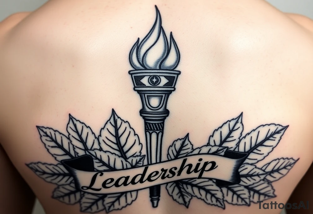 Leadership torch in front of a bed of fig leaves with black banner script wrapping in front. tattoo idea