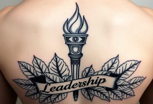 Leadership torch in front of a bed of fig leaves with black banner script wrapping in front. tattoo idea