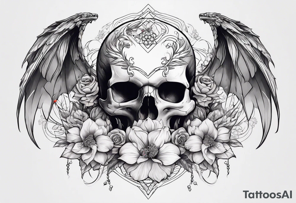 Skull dragon wings with flowers, back tattoo tattoo idea