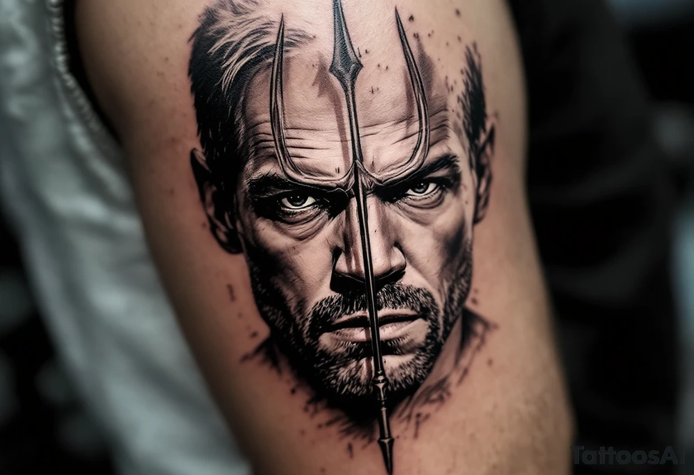 close-up Dexter Morgan face behind a trident tattoo idea