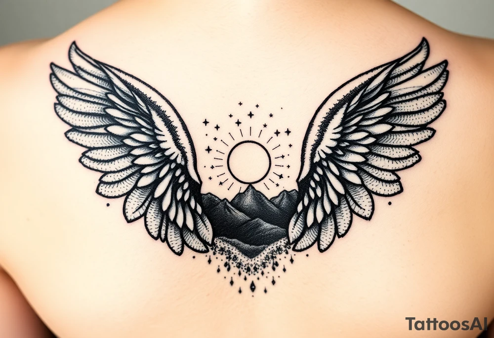 Night sky with constellation, stars  & moon seen from a frame of natural landscape angel wings spiritual tattoo idea