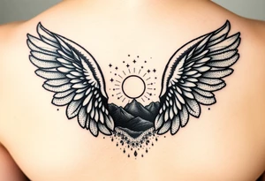 Night sky with constellation, stars  & moon seen from a frame of natural landscape angel wings spiritual tattoo idea