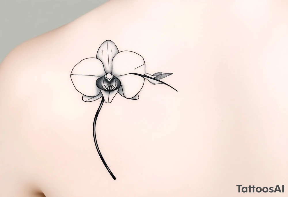 A delicate, black and white fine-line tattoo for make, featuring a gracefully detailed orchid in full bloom (stem and at least 2 flowers), with soft, intricate petals and elegant curves. Beside it, a hummingbird hovers mid-flight, its wings drawn with subtle motion lines, its slender beak reaching toward the orchid’s center to drink its nectar. The design captures a sense of balance and harmony, with the contrast between the stillness of the flower and the gentle energy of the bird. Perfectly suited for the upper arm, this piece combines nature’s beauty and movement in a timeless, minimalist style tattoo idea
