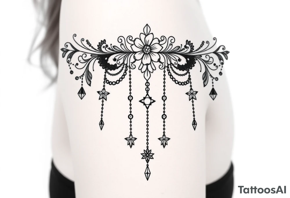 Vintage floral lace and delicate jewelry inspired with swooping draping chains like a chandelier and 5 pointed crystal star charms. Make it cover the entire upper arm/shoulder please tattoo idea