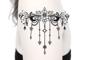 Vintage floral lace and delicate jewelry inspired with swooping draping chains like a chandelier and 5 pointed crystal star charms. Make it cover the entire upper arm/shoulder please tattoo idea
