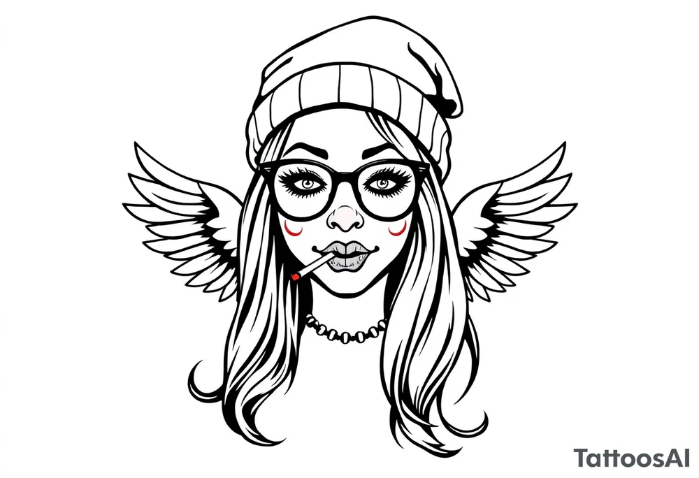 beautiful long hair pin up Clown face Girl payasa  thug beanie eyeglasses  angelic wings smoking a cigarette tattoo idea