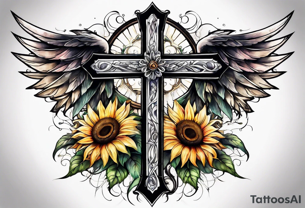 Winged cross with sunflower arm sleeve tattoo idea