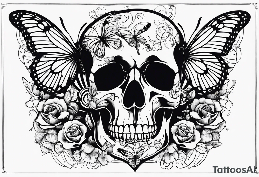 Skull with music sheet and butterfly tattoo idea