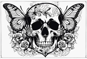 Skull with music sheet and butterfly tattoo idea