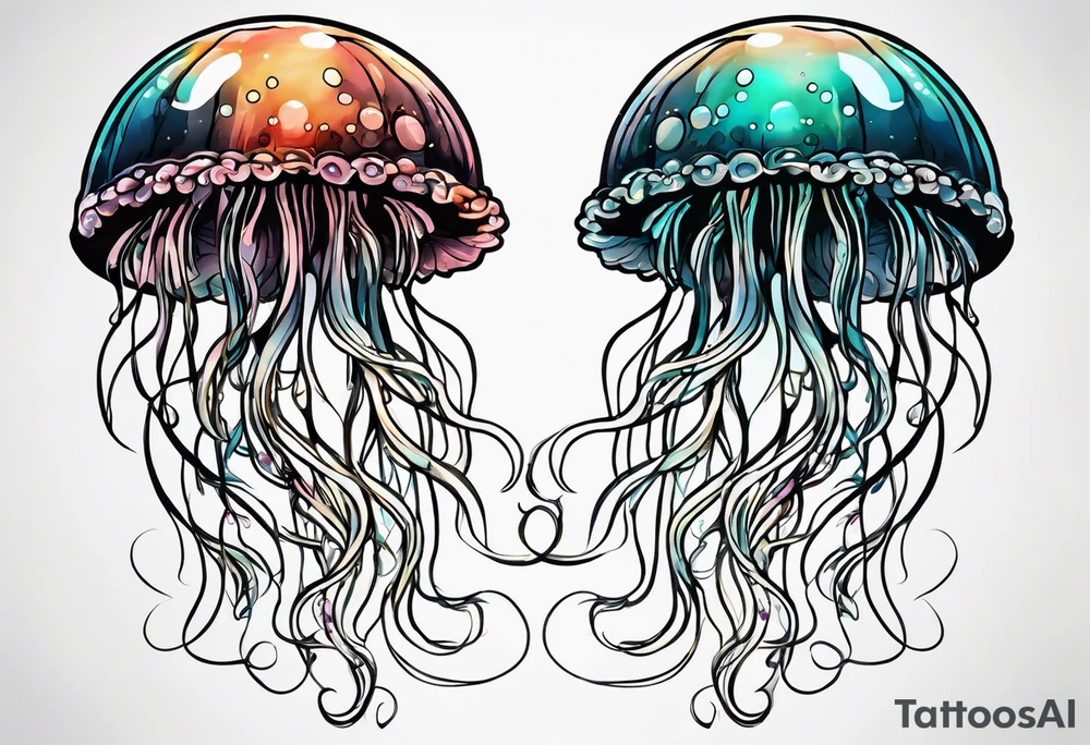 two jellyfish swimming together, with one larger than the other, with space in between them both with long tentacles of varying lengths and design tattoo idea