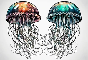 two jellyfish swimming together, with one larger than the other, with space in between them both with long tentacles of varying lengths and design tattoo idea