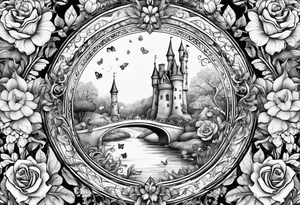 Alice in wonderland through the looking glass with flowers everywhere tattoo idea