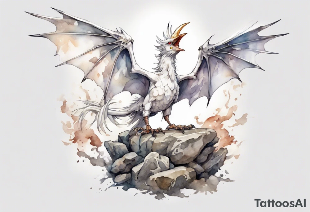 a white bird-wyvern hybrid, wearing an iron crown, perched on a stone tattoo idea