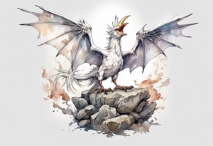 a white bird-wyvern hybrid, wearing an iron crown, perched on a stone tattoo idea