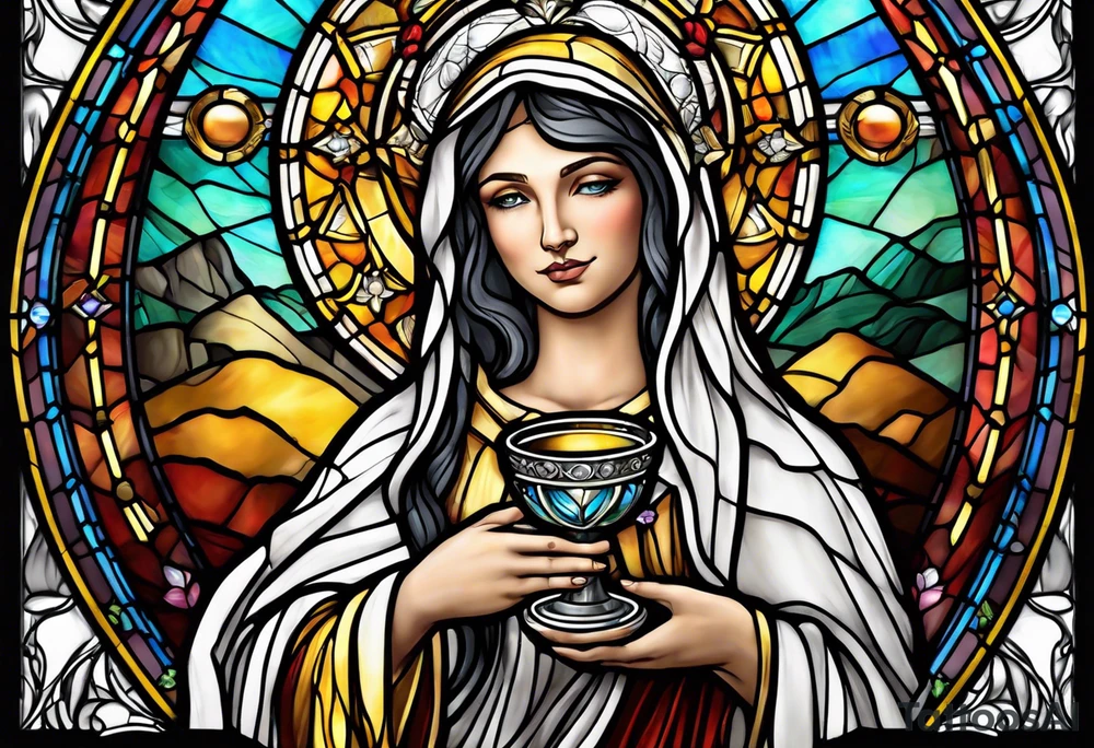 holy saint woman with halo stained glass holding a chalice tattoo idea