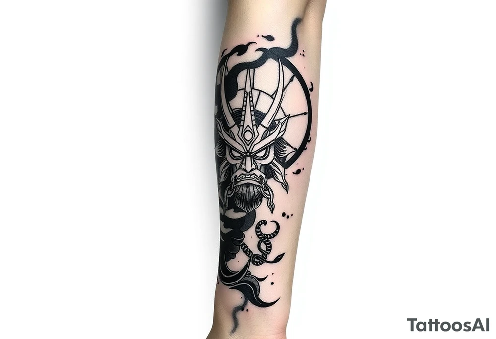 amaterasu and samurai arm sleeve tattoo idea
