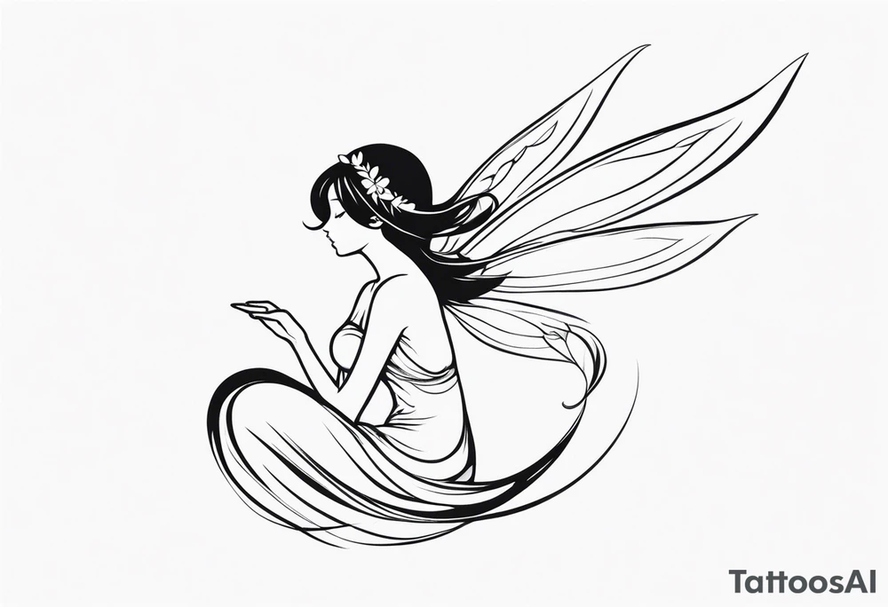 Minimalistic, monochromatic fairy with a tail flying to the left in a fetal position, leaning and looking in the same direction, with visible hands, embodying the 'Fairy Tail' logo aesthetic. tattoo idea