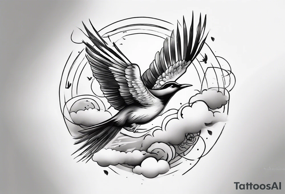 shoulder tattoo with light rays with birds flying free among the clouds, round shape, with gradient ends tattoo idea shoulder tattoo with light rays with birds flying free among the clouds, round shape, with gradient ends tattoo idea