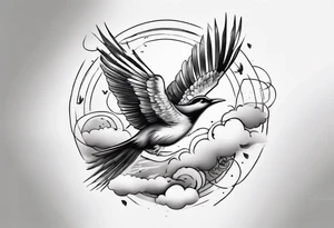 shoulder tattoo with light rays with birds flying free among the clouds, round shape, with gradient ends tattoo idea