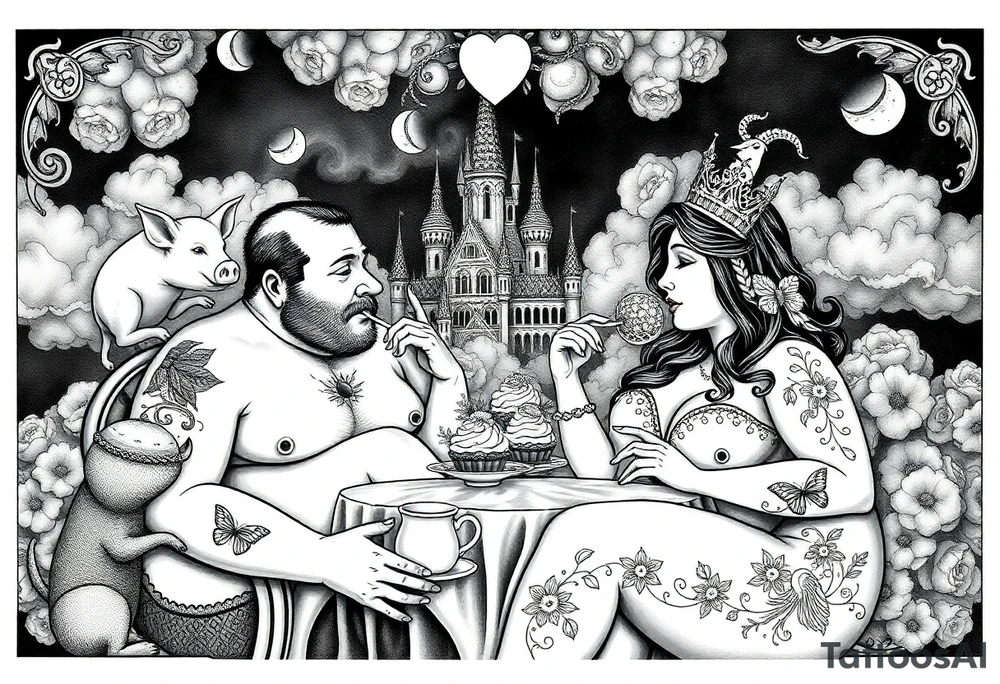 Naked Man and fat woman having sex eating cupcakes and  fruit  having sexy naked fat lady having a tea party with tea pots  swith fancy castle  
with mystical  a pigs, peacock,  lion, goat, noose and smoking cigerettes looking in the mirror thru storm clouds and broken hearts and darkness and wrath, envy , gluttony, greed, sloth, pride . Gothic tattoo idea