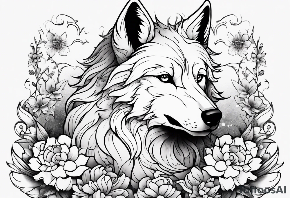 Cute ghost wolf, surrounded by flowers, forearm or wrist tattoo tattoo idea