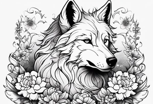 Cute ghost wolf, surrounded by flowers, forearm or wrist tattoo tattoo idea
