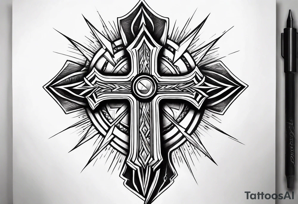 Cross with a lightning bolt forearm tattoo idea